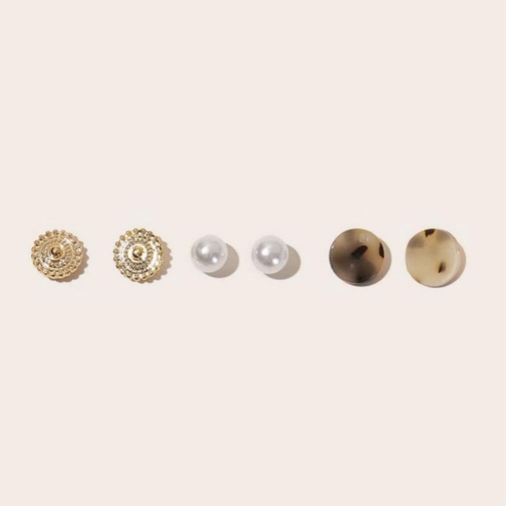 🆕 (3) Stud Earrings Tortoise Gold Pearl Dainty